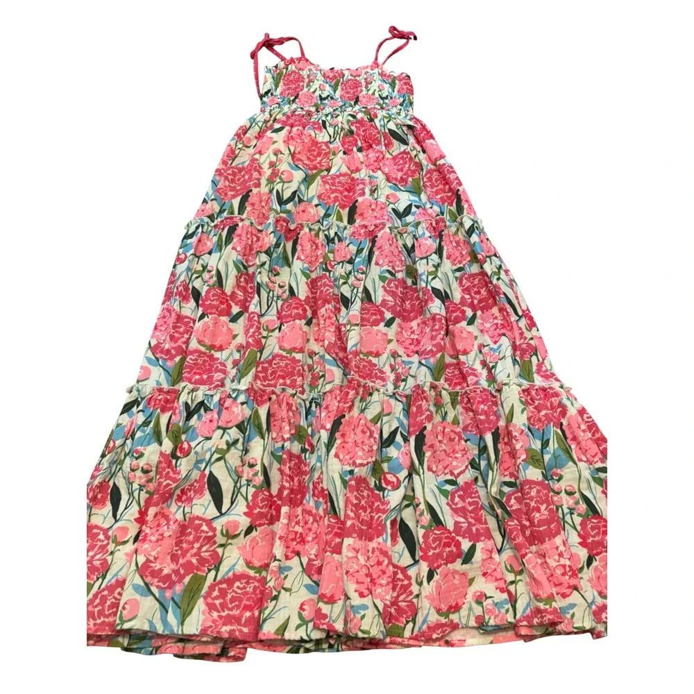 SweetHoney Girls Pink Peony Floral Smocked Tiered Maxi Dress‎ Size 10Y Cotton